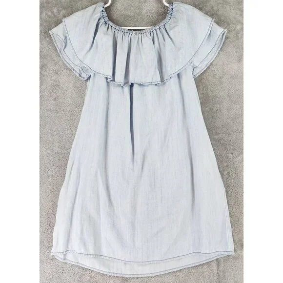 Sneak Peak Dress Womens Small Light Blue Chambray Off the Shoulder Casual Mini - Picture 1 of 11